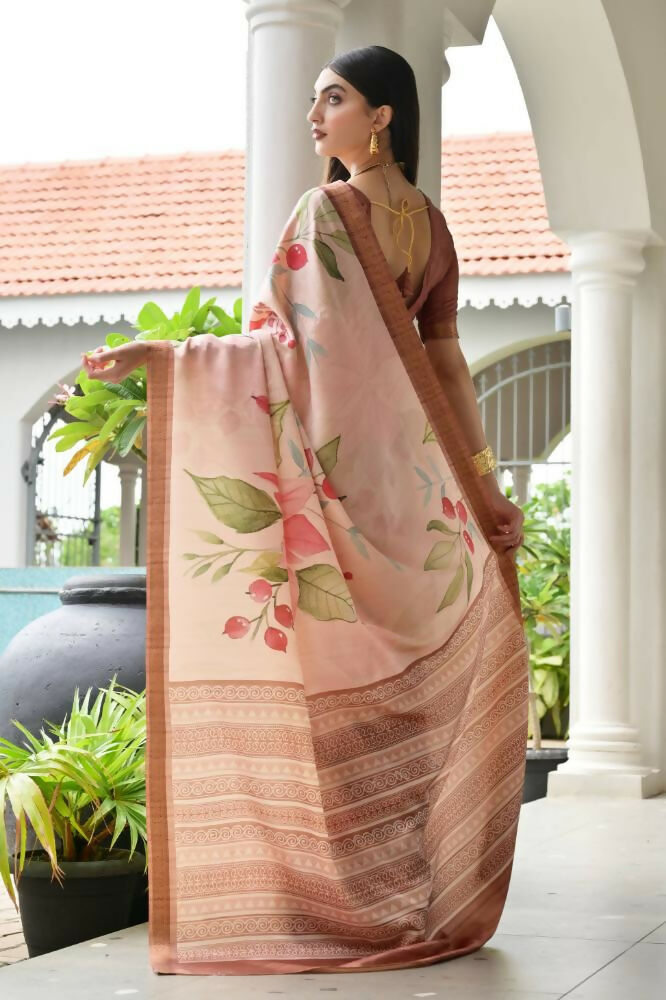 Vishnu Weaves Women's Coffee Satin Silk Printed Grab2Buy with Blouse 