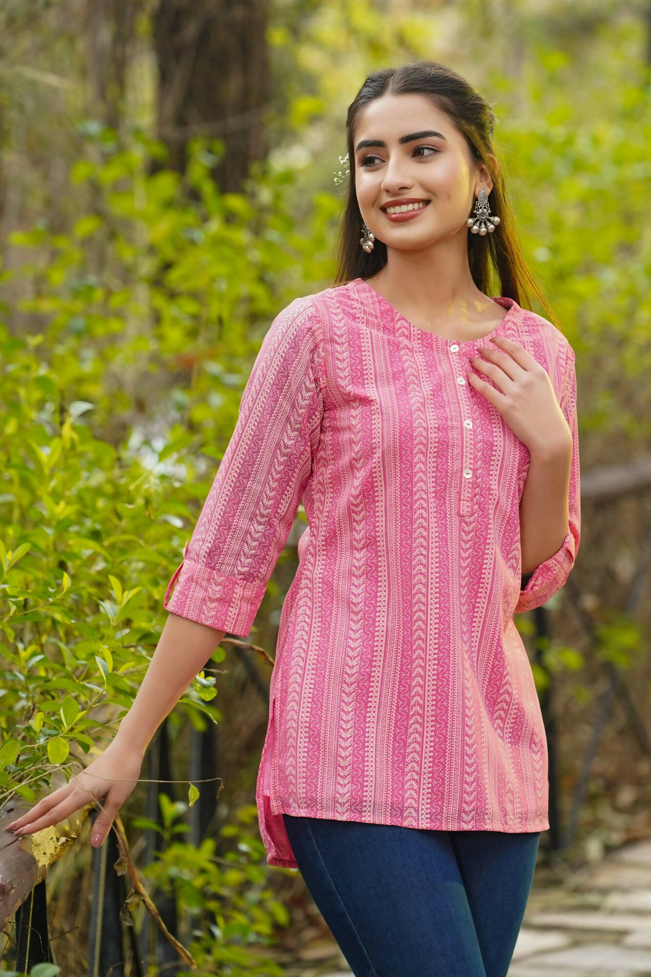 Juniper Women Pink Georgette Printed High-Low Tunic