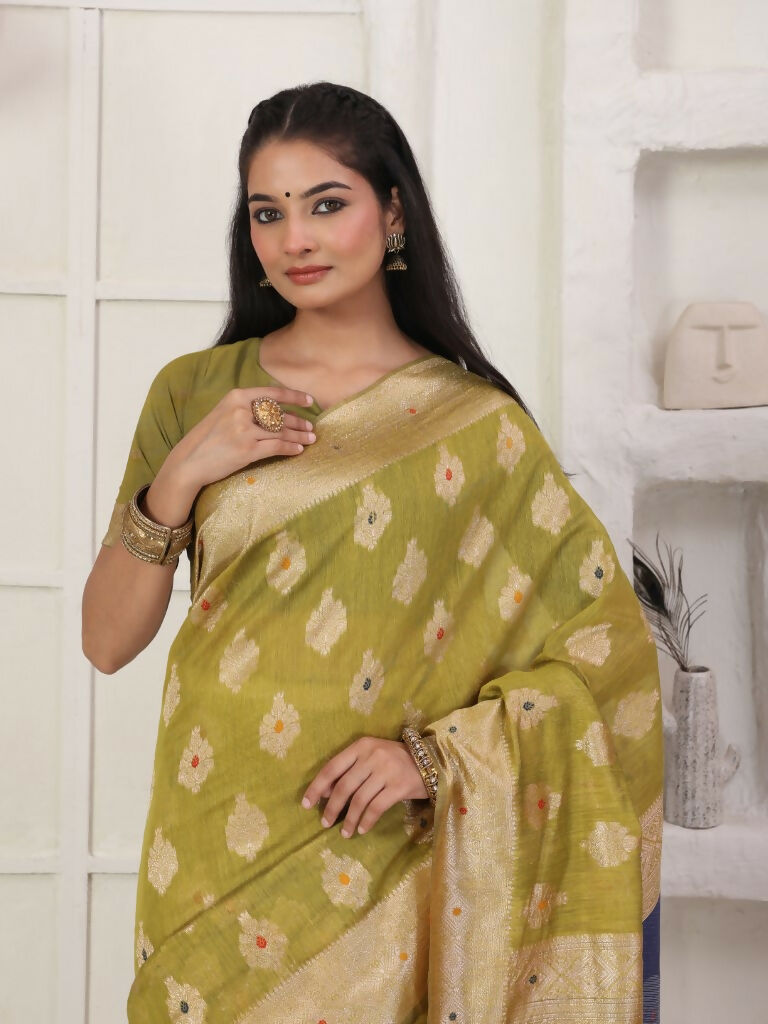 Shree Shyam Fashion Linen Cotton Mhendi Green Saree