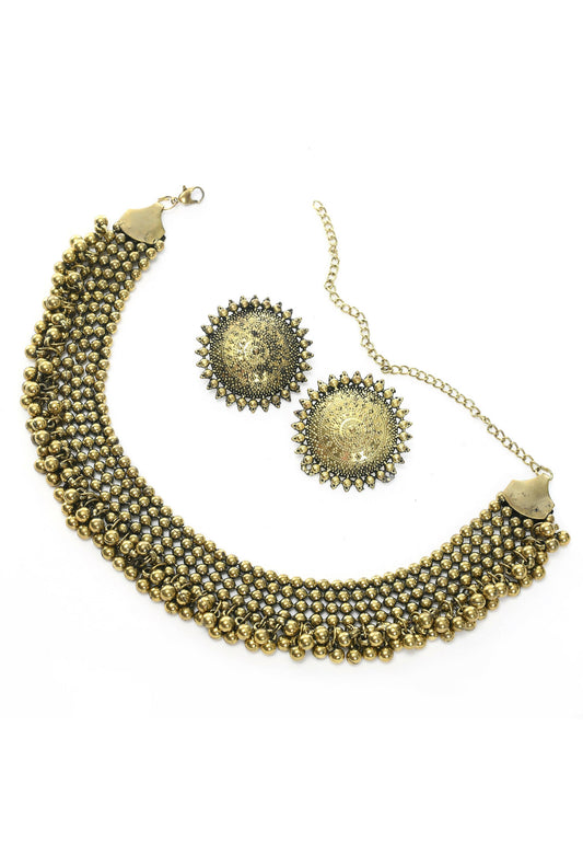 Mominos Fashion Johar Kamal Oxidised Gold-Plated Brass Finish Ghungroo Design Choker Set - Grab2buy