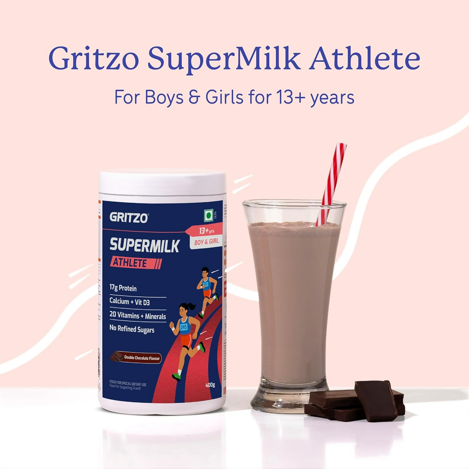 Gritzo SuperMilk Athlete (13+y Boy & Girl),17g Protein Powder - Double Chocolate