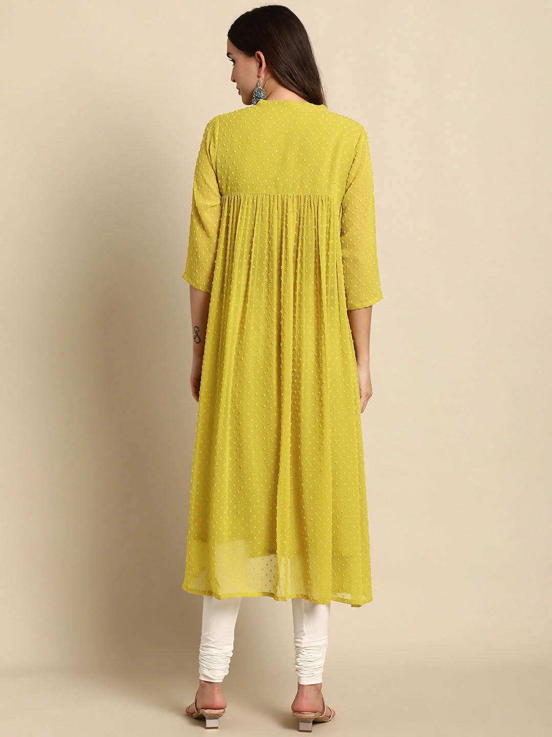 Janasya Women Mustard Yellow Dobby Weave Poly Chiffon Kurta