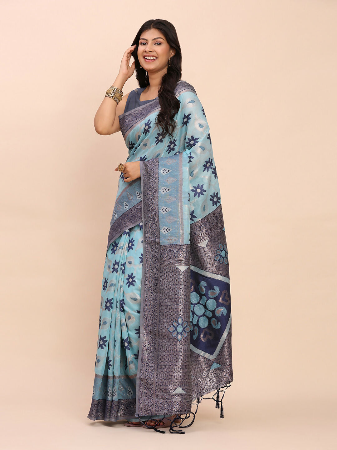 Shree Shyam Fashion Linen Cotton Sky Blue Saree