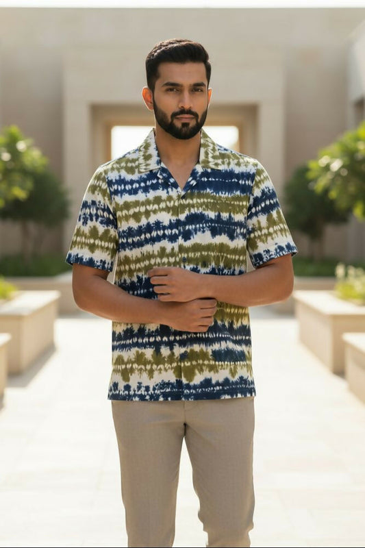 Prakriti — Olive Indigo Shibori Cotton Shirt by Hilo Design