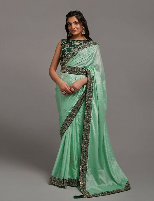 PR Fashion Pista Chinon Embroidery Lace Saree
