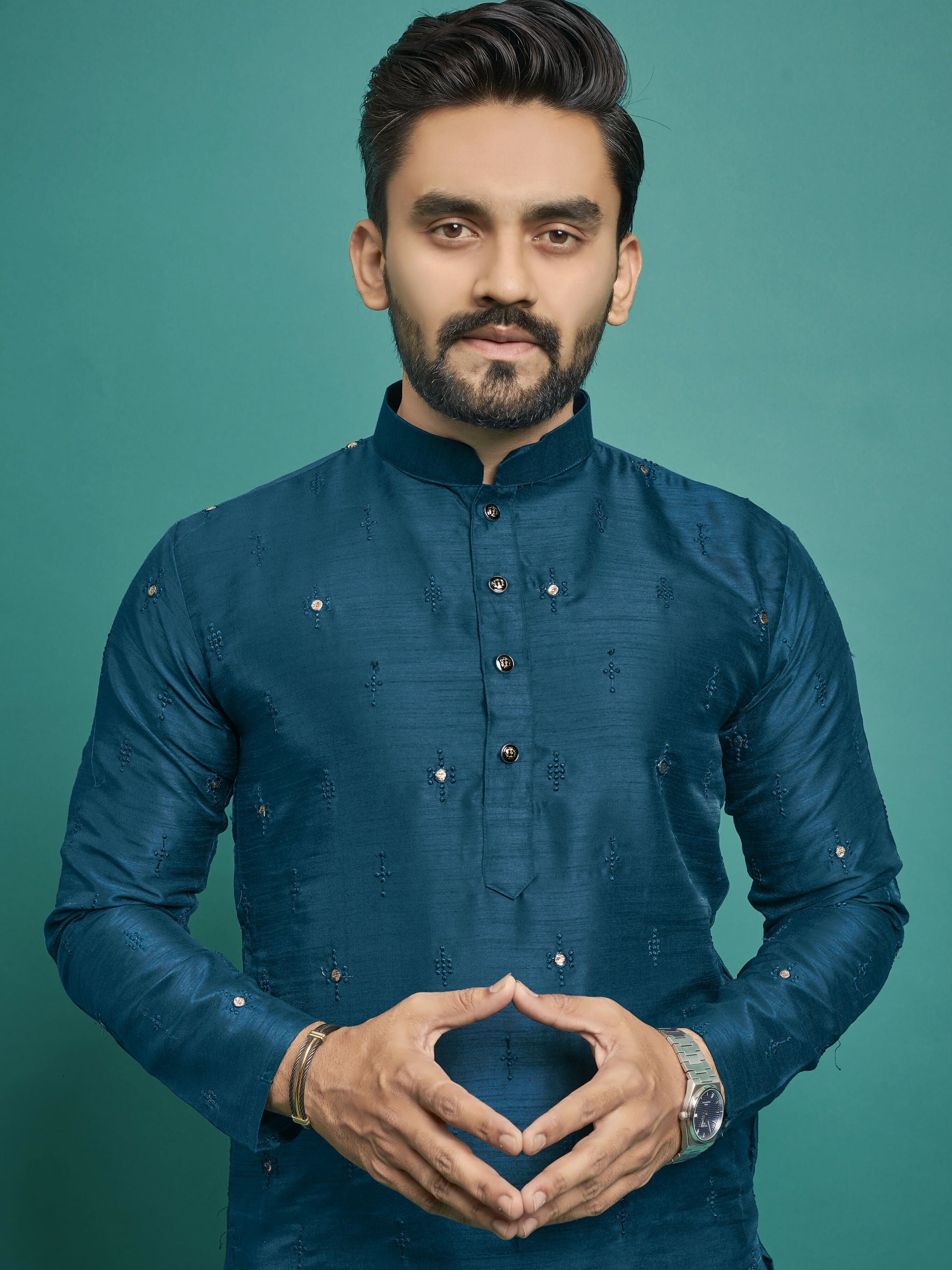 Mens Kurta Set Rama Blue Color Wedding Wear by Infinity Export