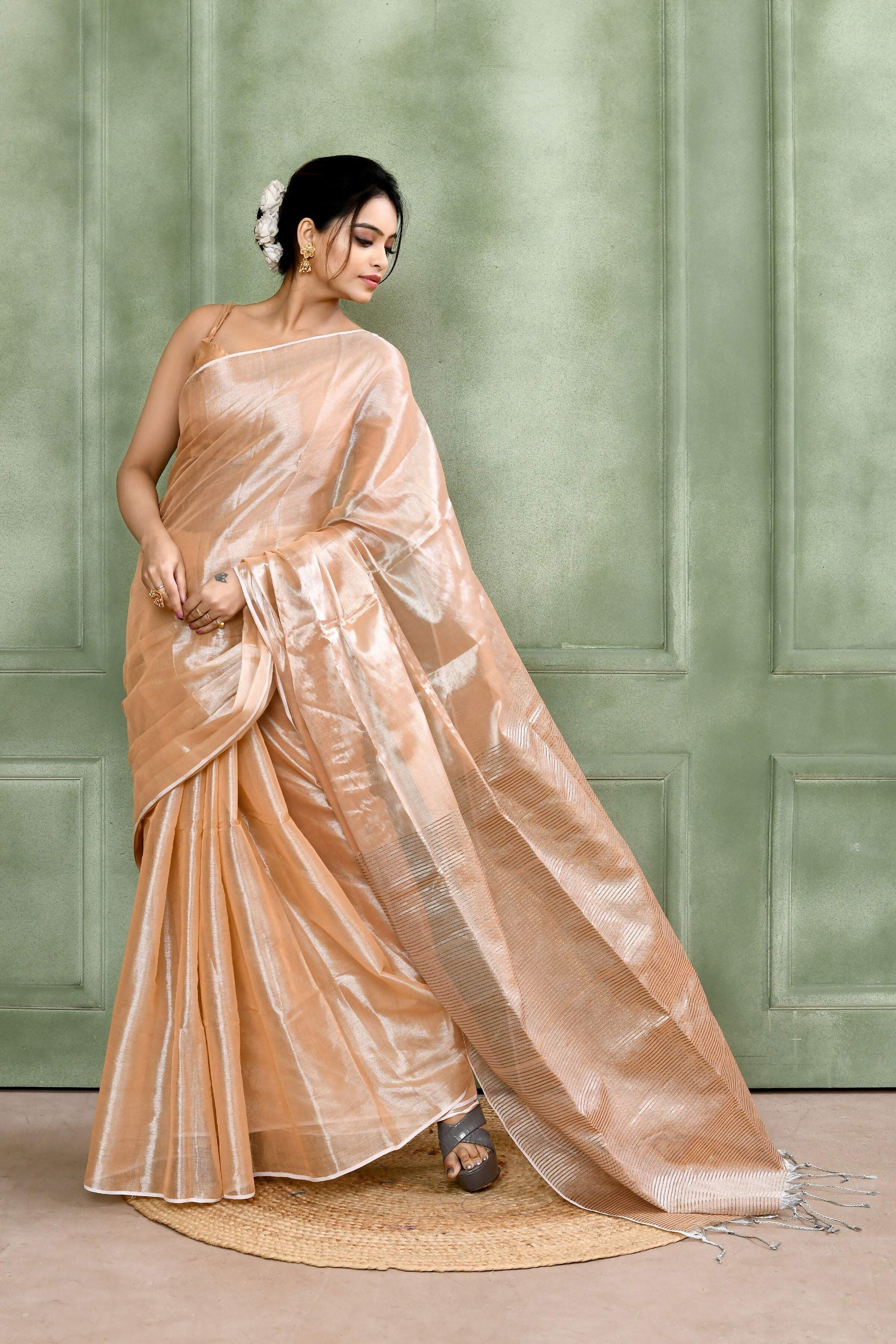 Piyari Fashion Women's Beige Dual Tone Organic Tissue Saree With Blouse Piece
