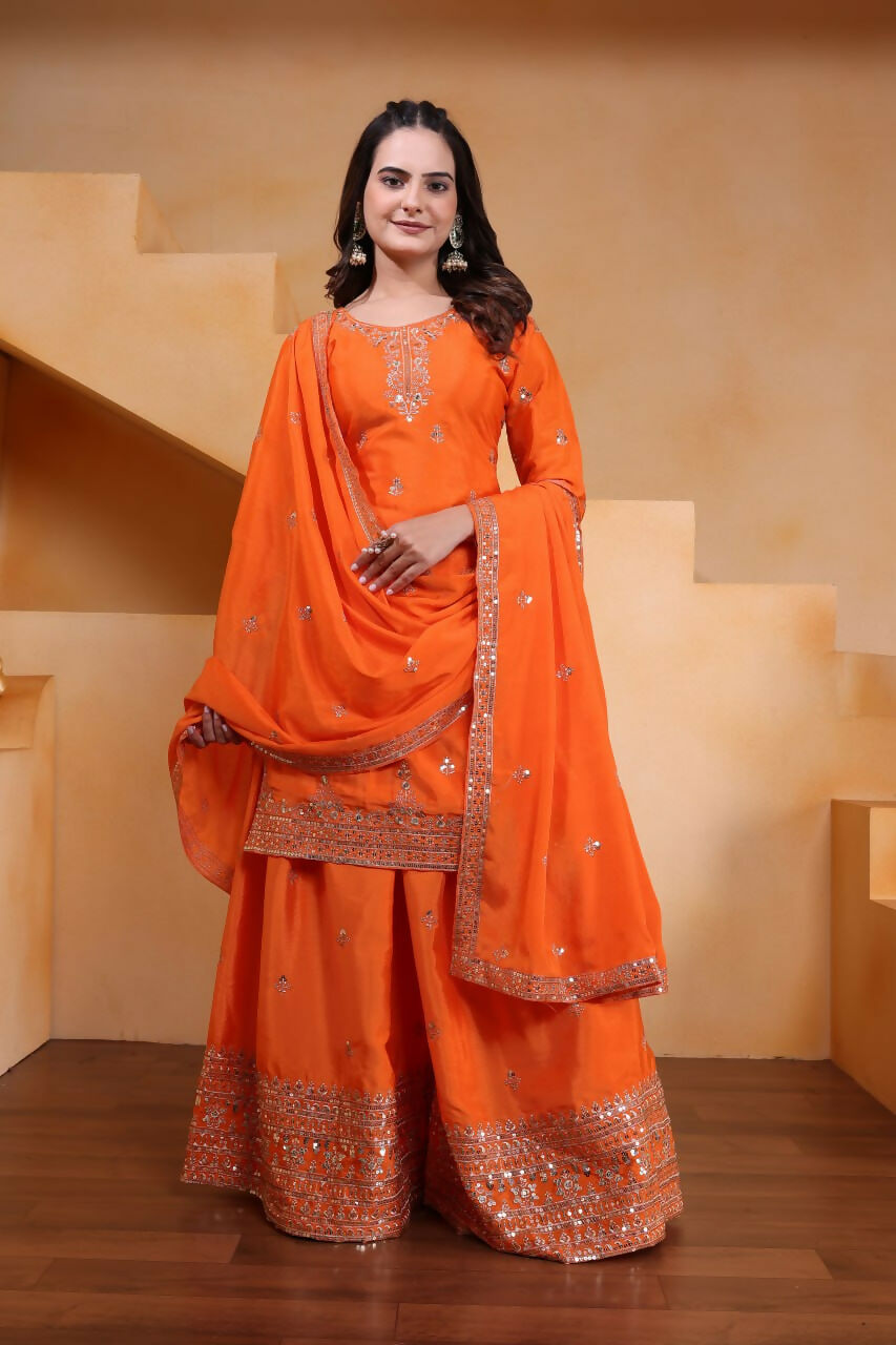 Teeya Creation Orange Color Chinon Silk Wedding Wear Trending Palazzo Set