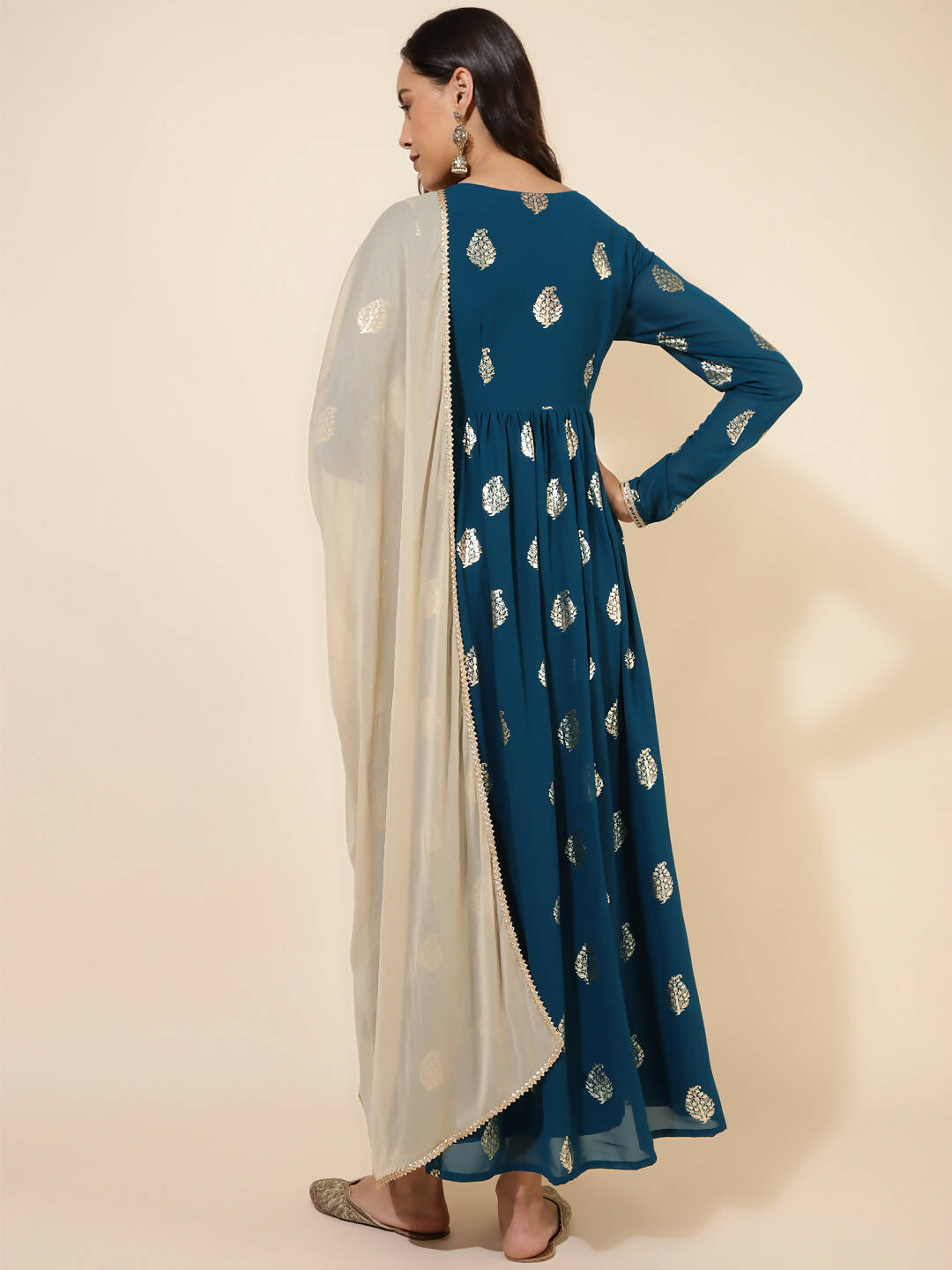 Janasya Women's Teal Blue Georgette Foil Printed Festive Flared Kurta Set 