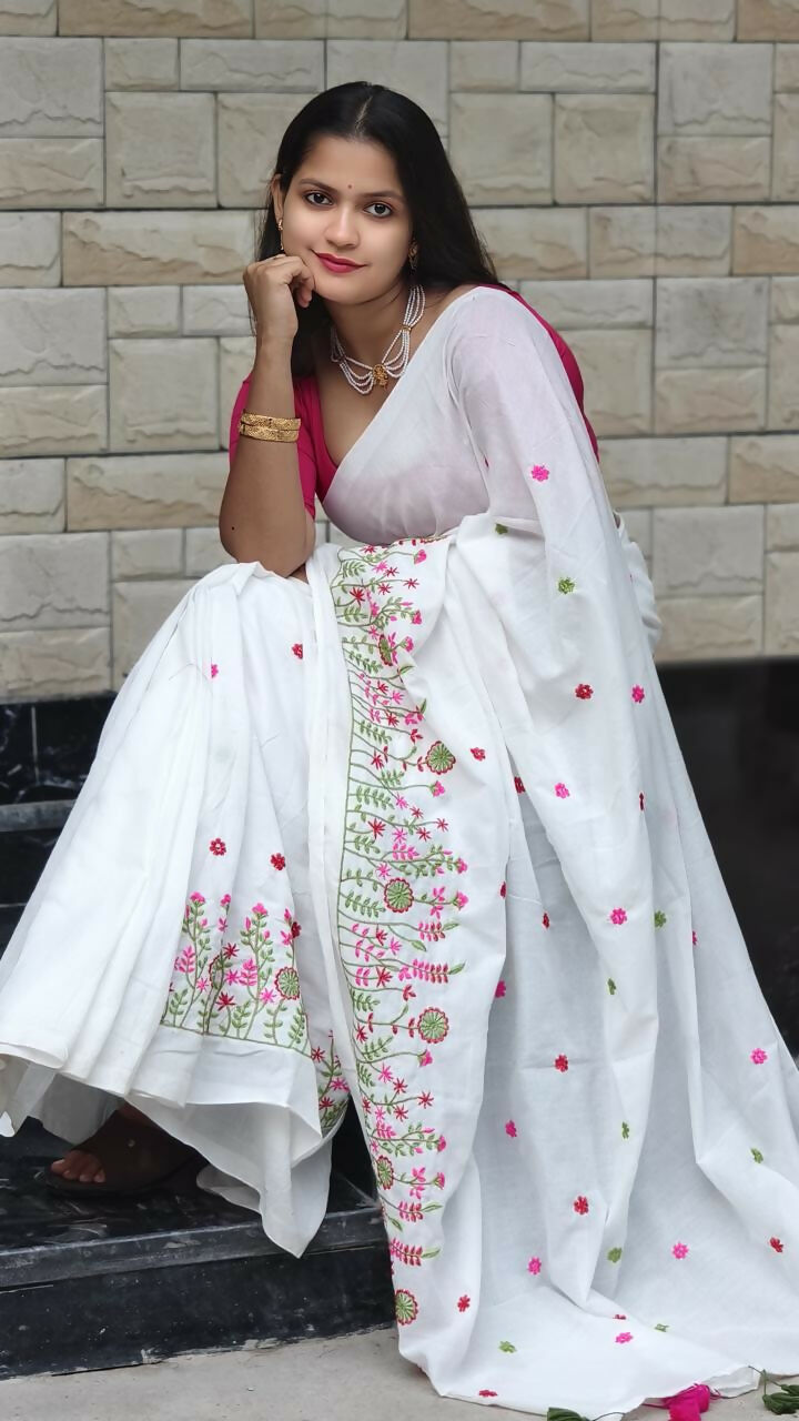 Exclusive Collection White Pure Cotton Handloom Embroidered Grab2Buy 
