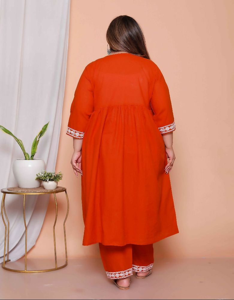 Miravan Womens Plus Size Floral Embroidered Rust Straight Cotton Kurta & Palazzo With Dupatta Set