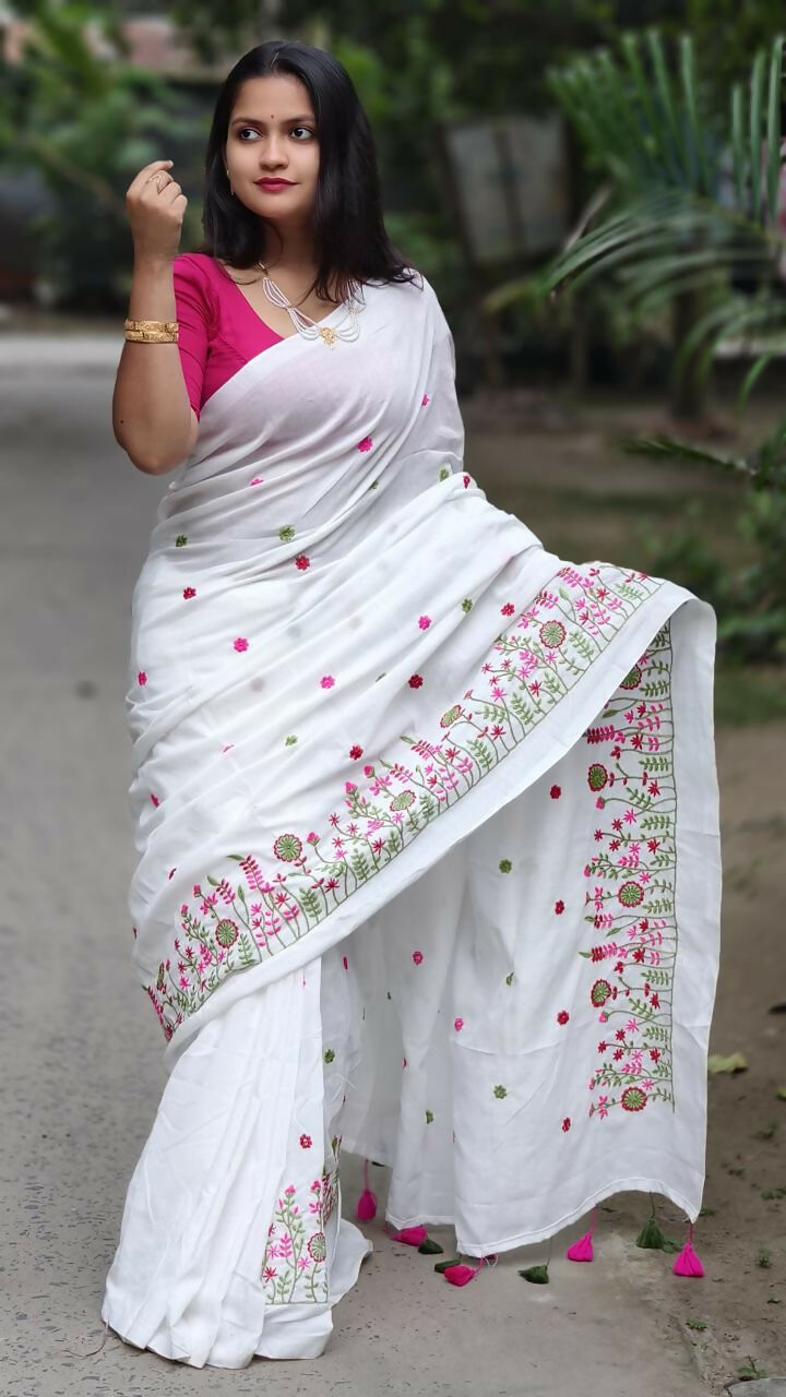 Exclusive Collection White Pure Cotton Handloom Embroidered Grab2Buy 