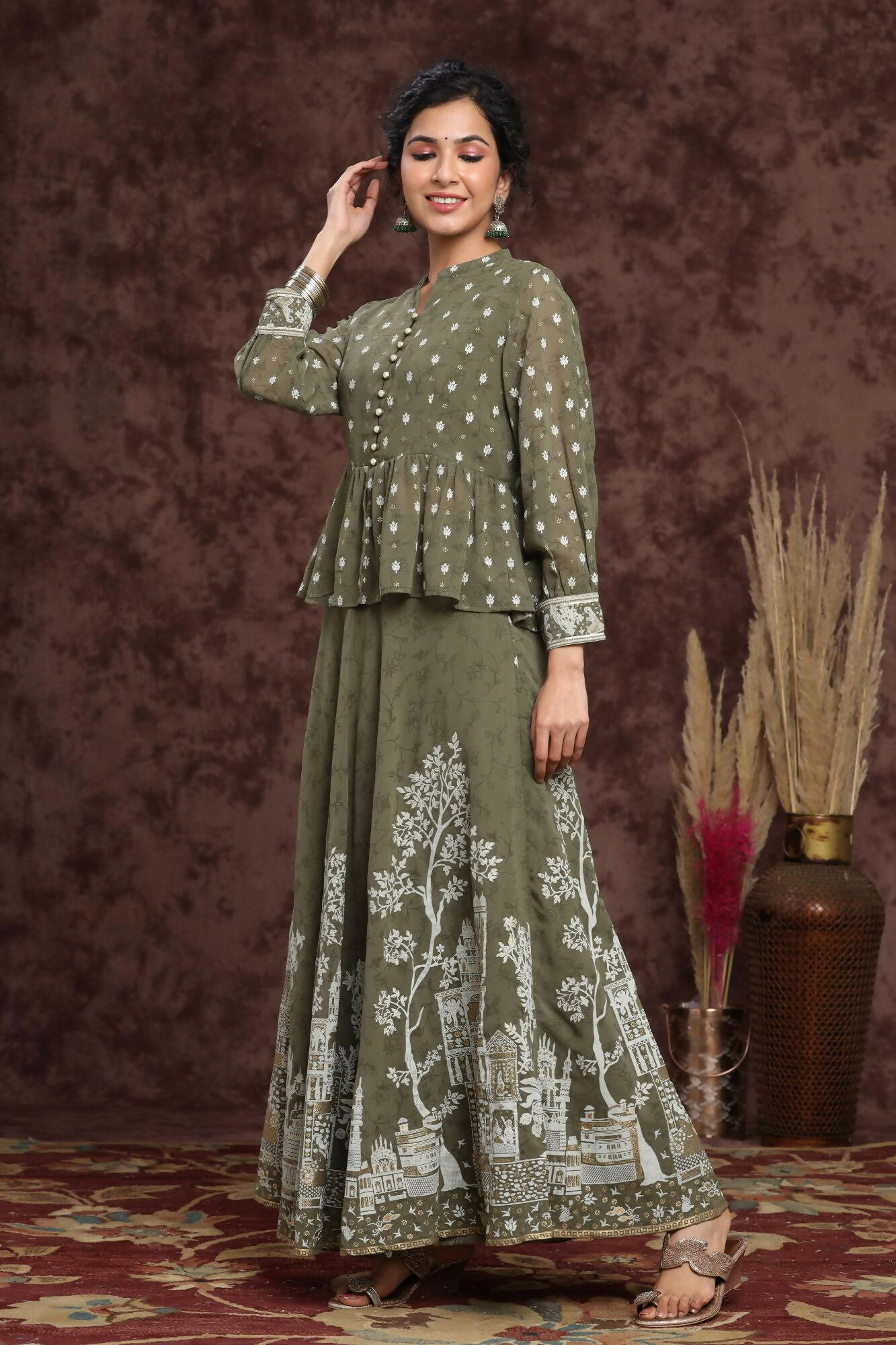 Juniper Women Olive Georgette Printed Flared Lehenga Choli Sets