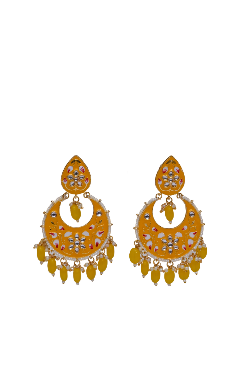 Gold Plated Brass & Pearl Dangle Women Yellow Hand Painted Meenakari Chandbali Earrings By House of Ree - Grab2buy