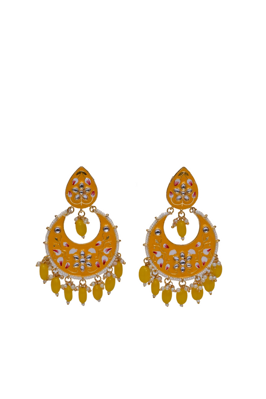 Gold Plated Brass & Pearl Dangle Women Yellow Hand Painted Meenakari Chandbali Earrings By House of Ree - Grab2buy