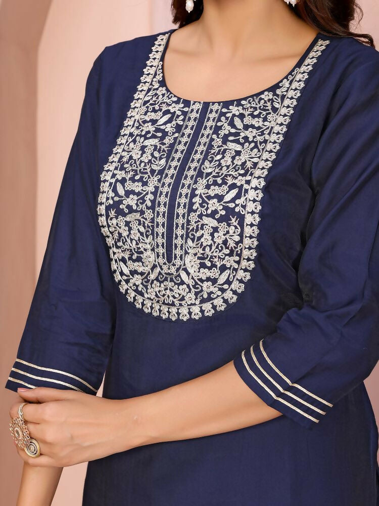 Joban Fashion Women Navy Blue Roman Embroidery Stitched Kurta Set