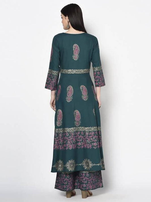 Aniyah Rayon Teal Blue Color Block Print Anarkali Kurta (AN-221K)