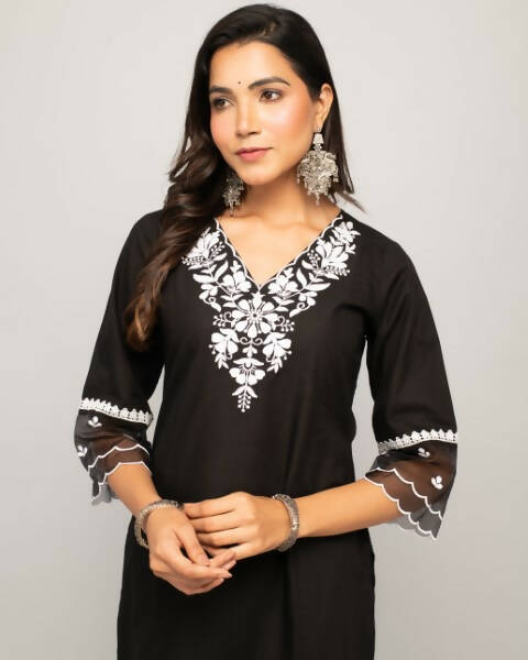 FIORRA Women's Black Cotton Straight Kurta Palazzo Set 