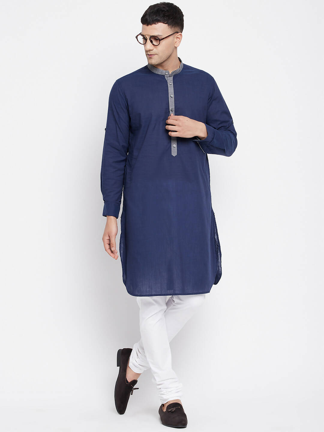 Even Apparels Blue Pure Cotton Men's Kurta With Contrast Collar And Placket 