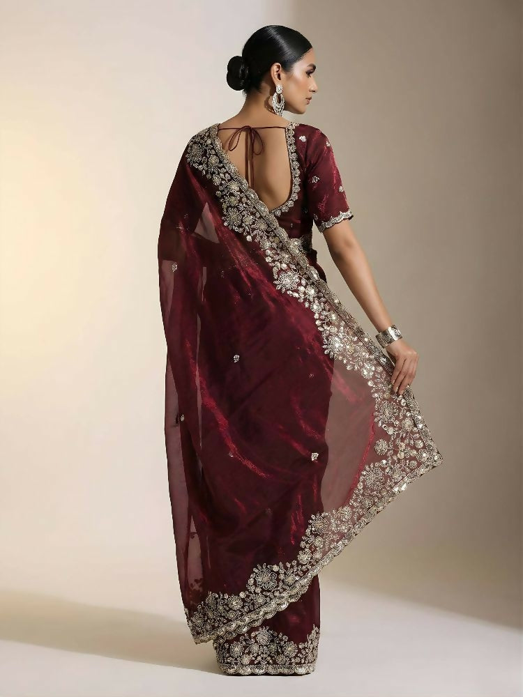 Joban Fashion Maroon Fandy Satin Silk Party Wear Sarees