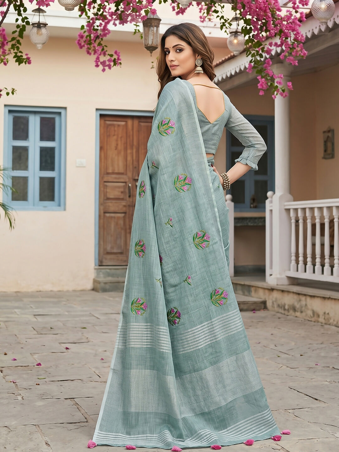 Shree Shyam Fashion Sea Green Linen Saree