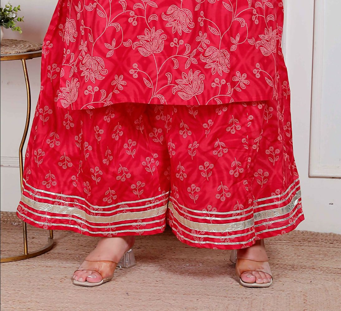 Miravan Plus Size Red Floral Print Embroidered Cotton Straight Kurta With Palazzo & Dupatta