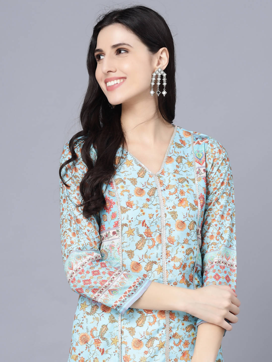 Myshka Women Blue Floral Printed Thread Work Anarkali Kurta