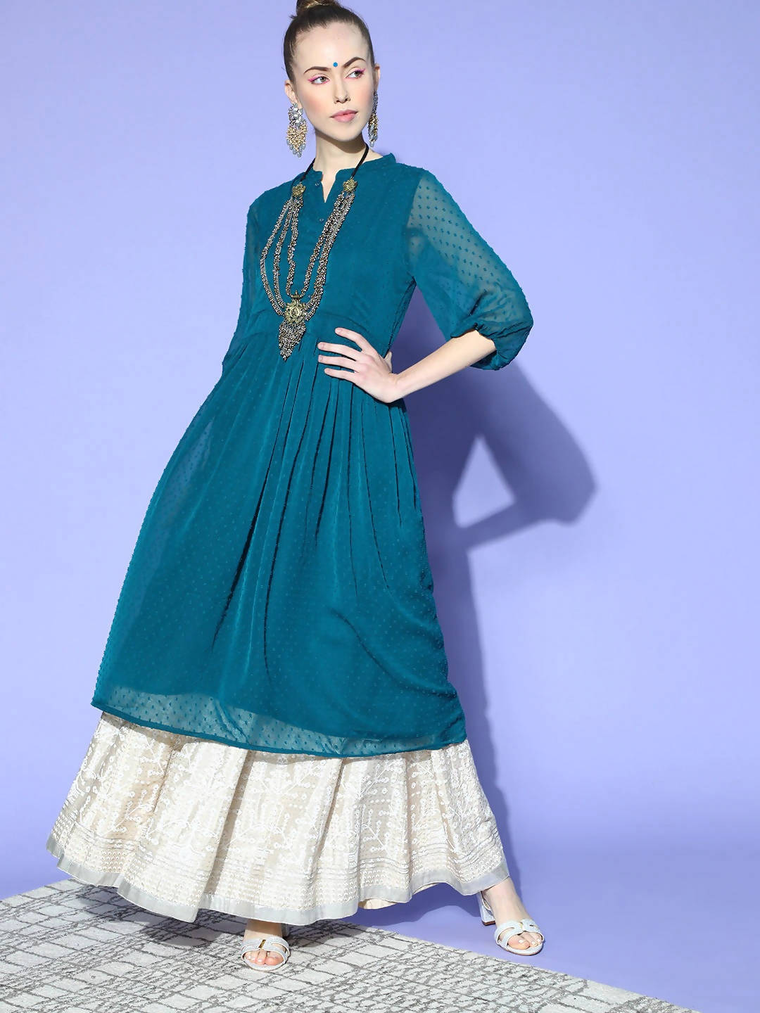 Janasya Women Teal Woven Design Dobby Weave Kurta