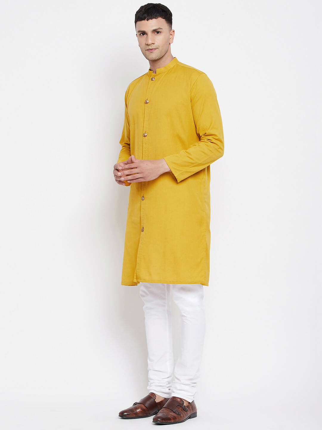 Even Apparels Yellow Pure Cotton Men's Sherwani Kurta With Open Front 