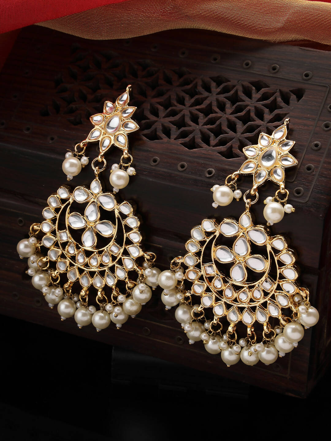 NVR Women's Gold-Polished Kundan Chandbali Earrings 