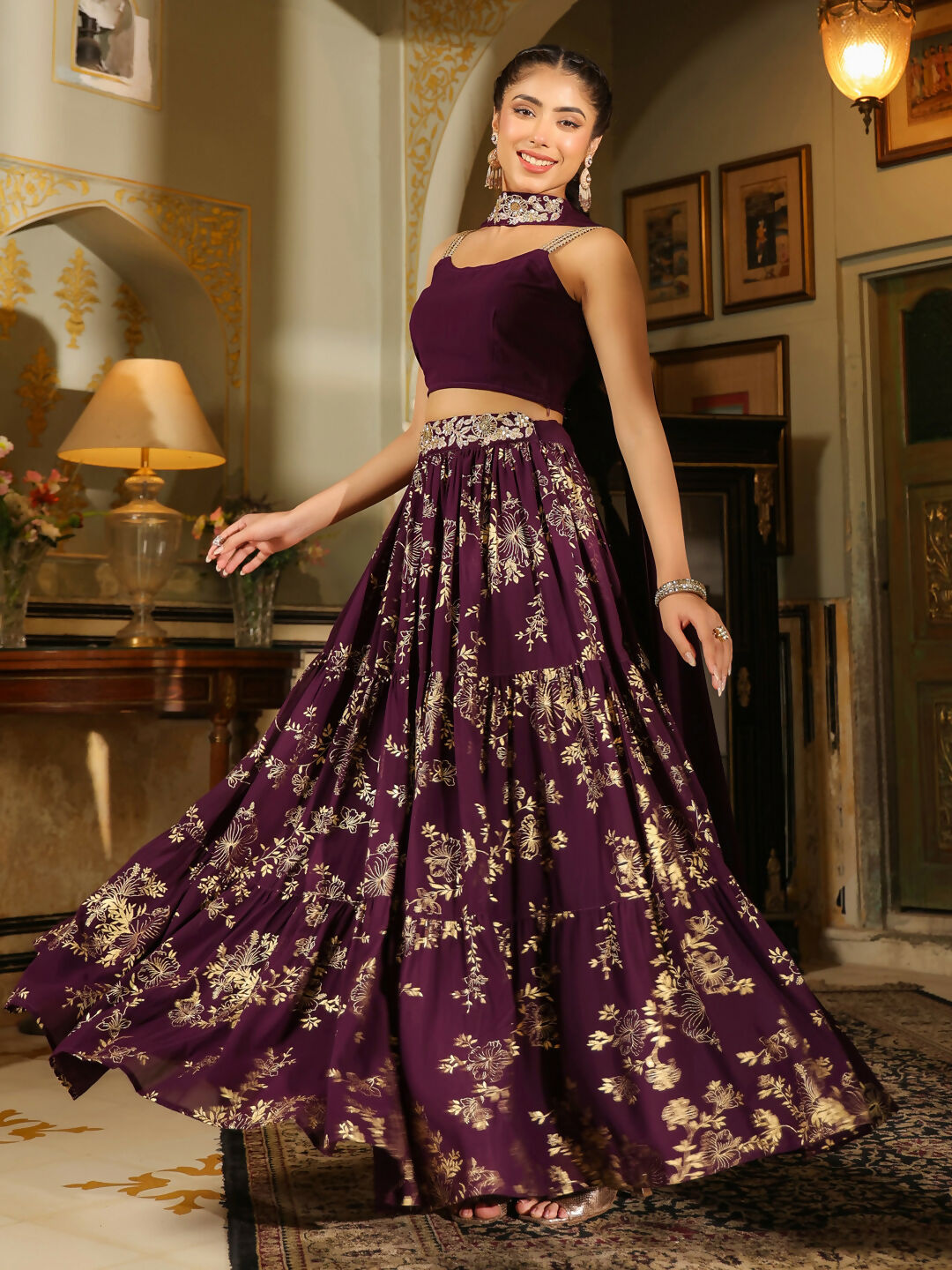 Janasya Purple Georgette Solid Lehenga Choli Dupatta 