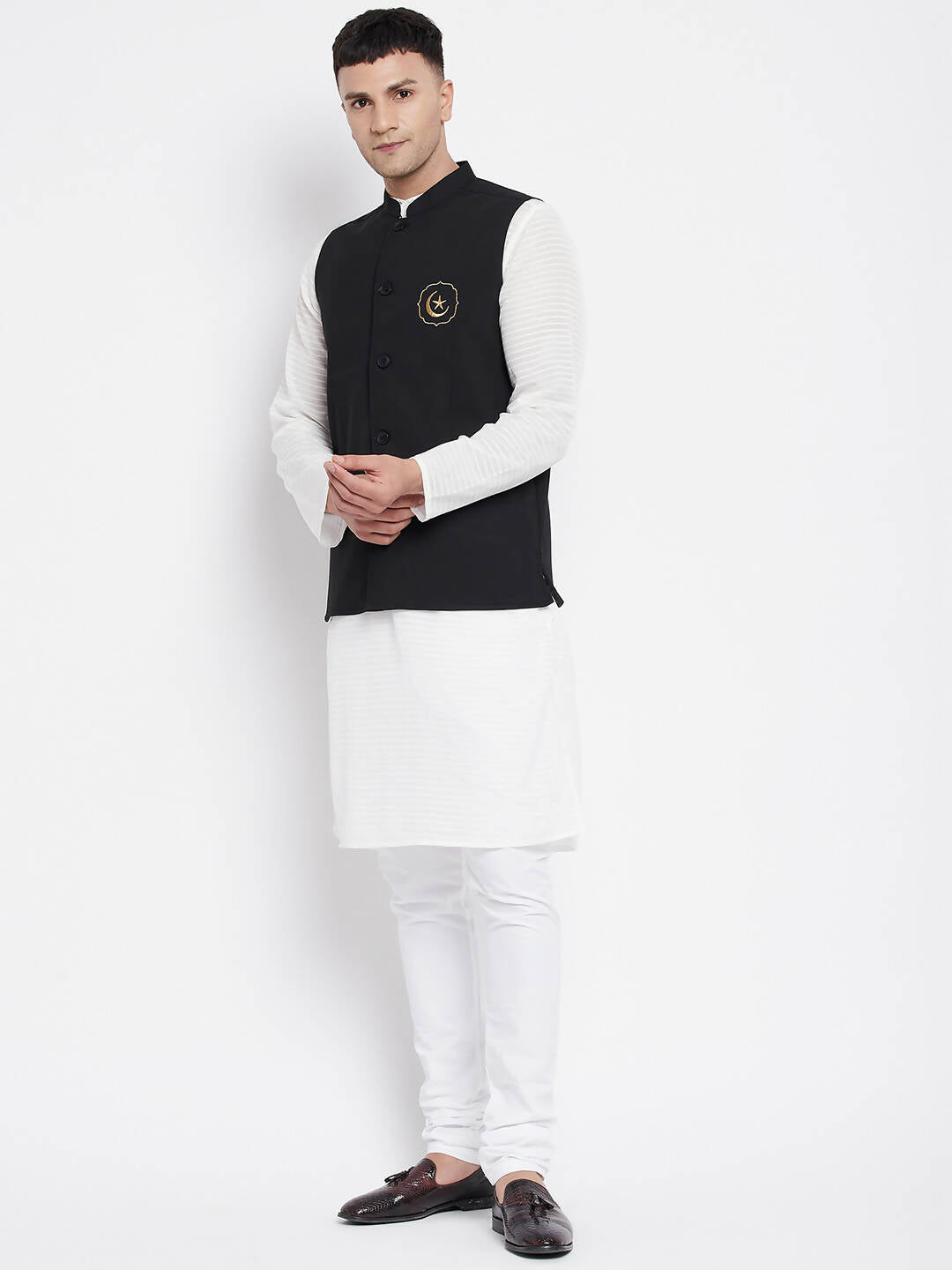 Even Apparels Black Pure Cotton Nehru Jacket With Eid Insignia PW668 