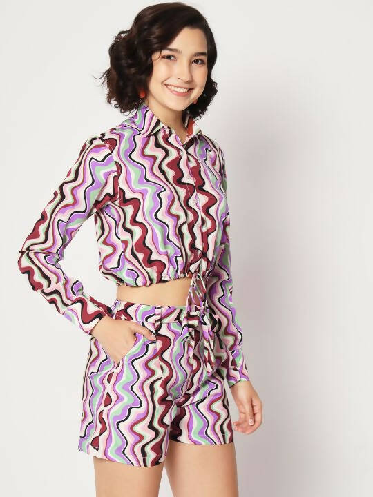 Purple Crepe Chevron Printed Top with Matching Shorts Set - Shivani