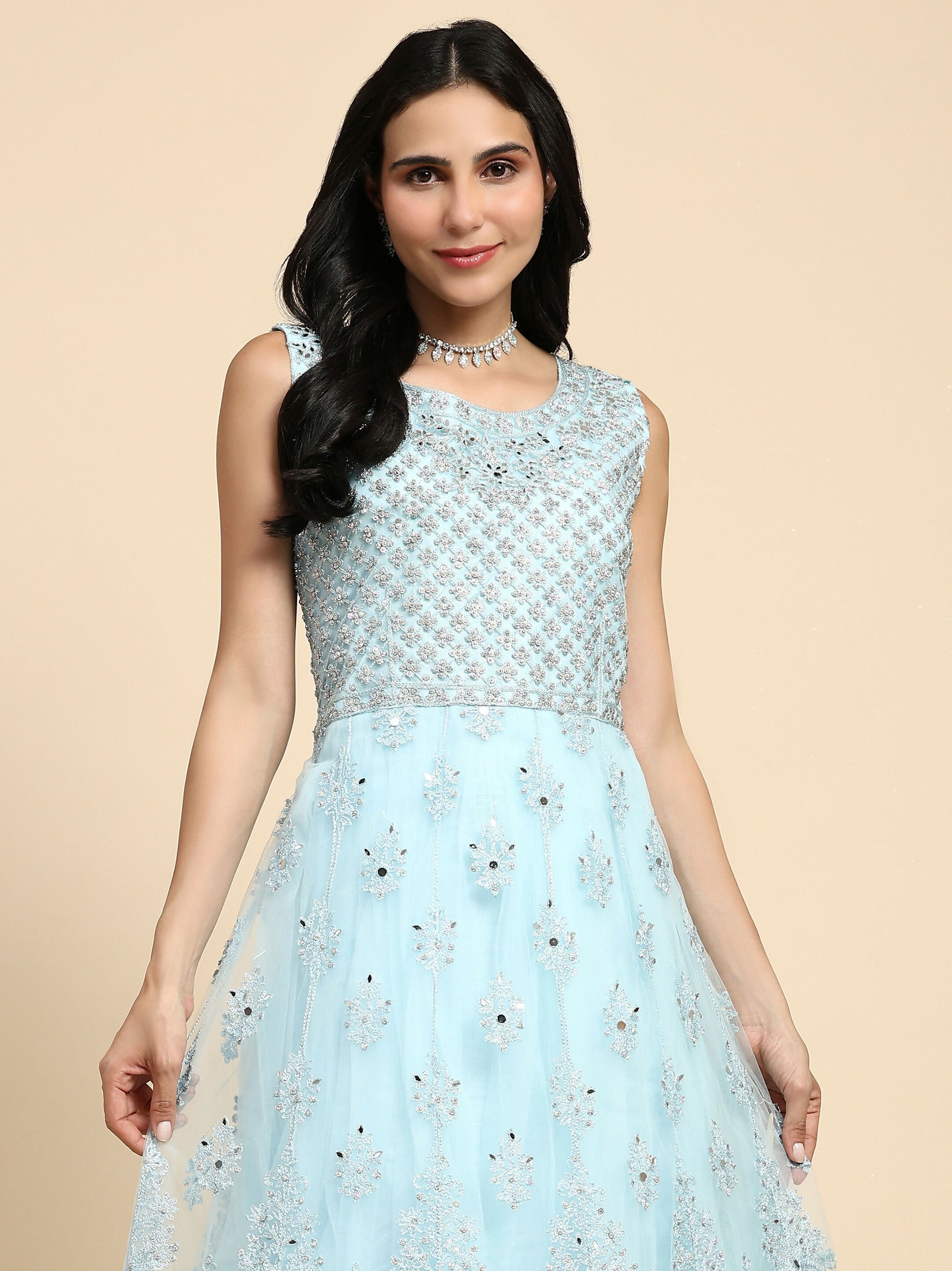 Blue Net Hand Embroidered Gown - Rudrani