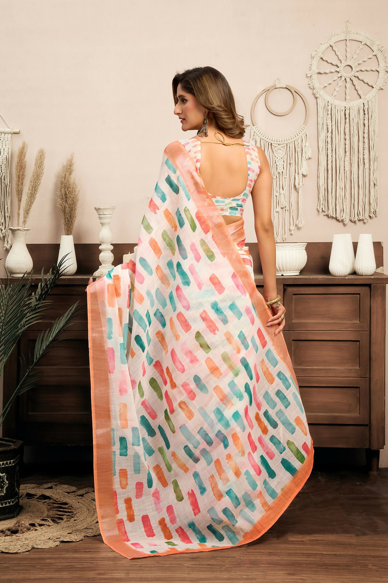 Joban Fashion White Color Block Linen Ready To Wear Saree With Unstitched Blouse