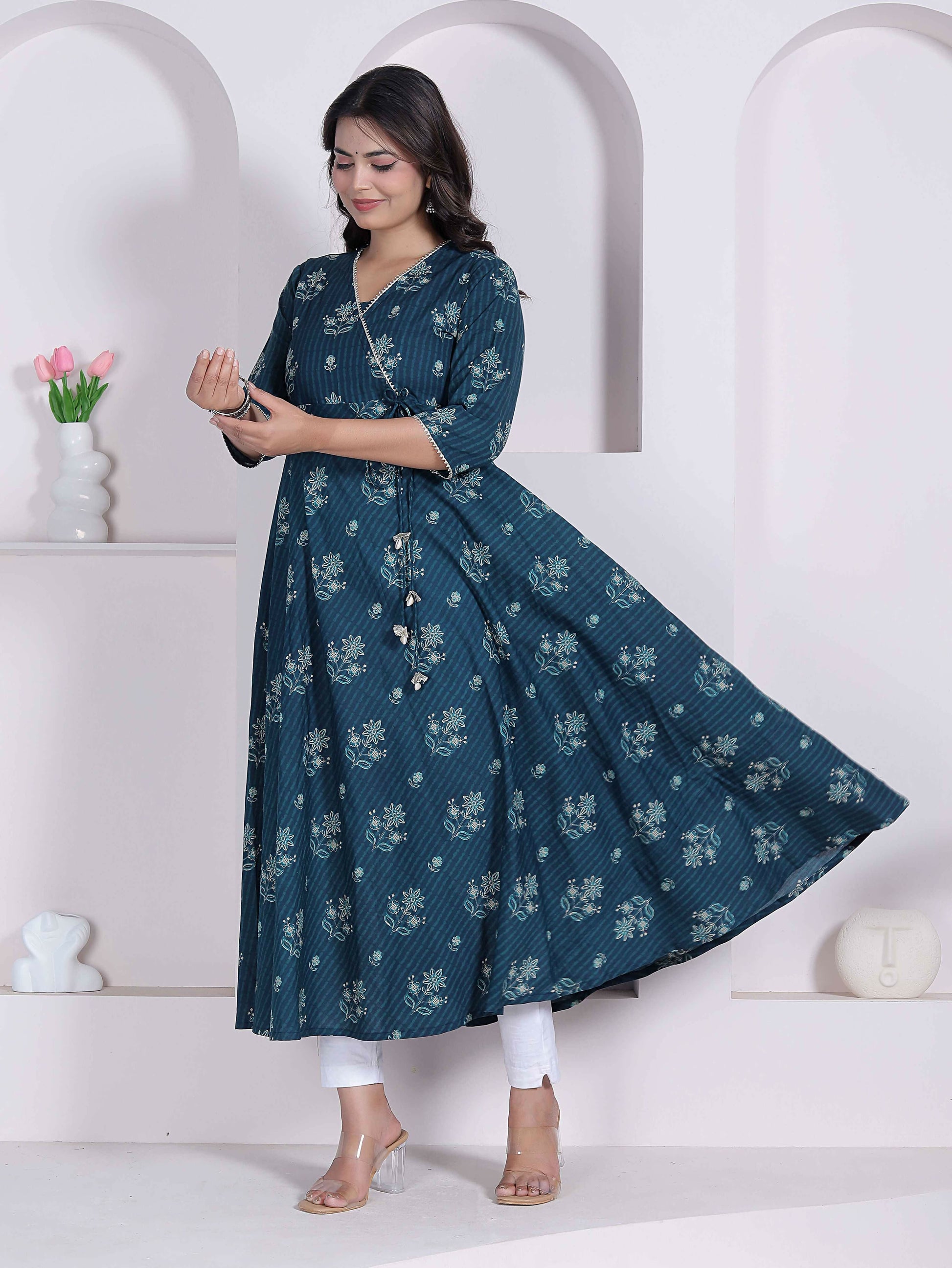 Miravan Womens Blue Ethnic Motifs Printed V-Neck Cotton Angrakha Kurta