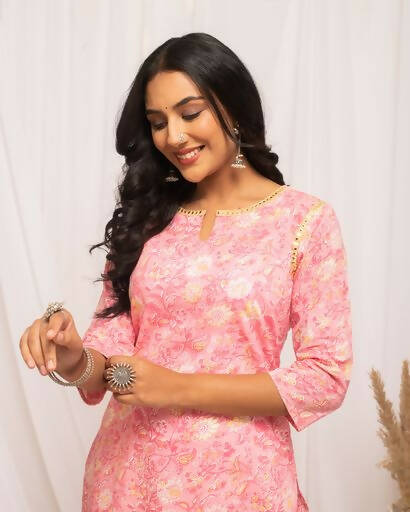 FIORRA Women's Floral Printed Peach Cotton Straight Kurta 