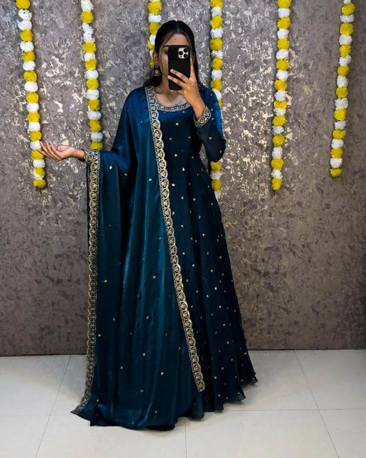 Teeya Creation Women's New Trendy Latest Designer Embroidery Anarkali Gown with Dupatta Set