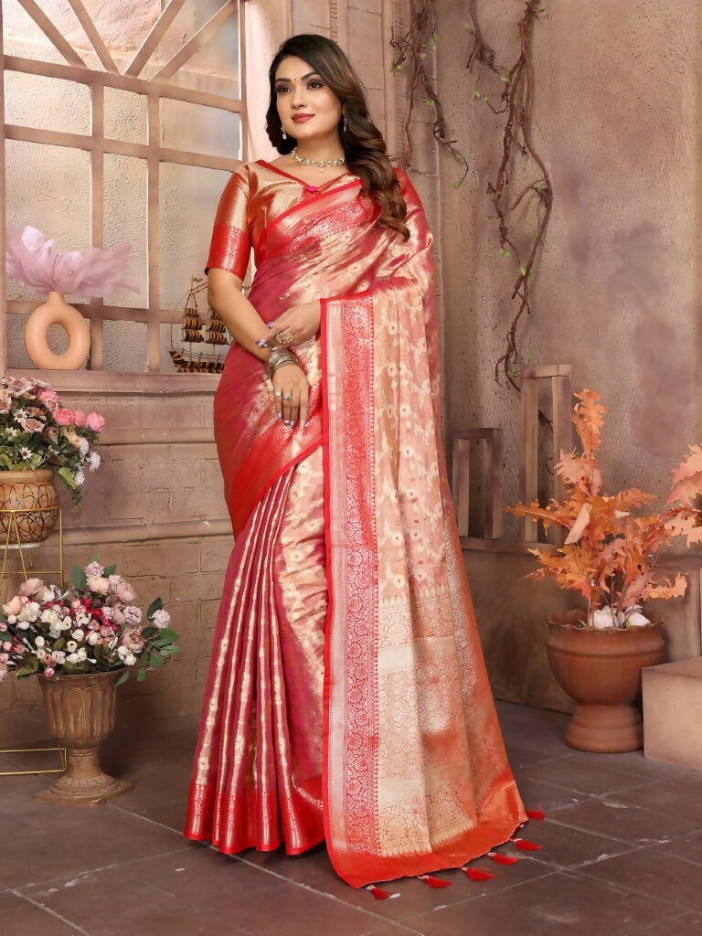 Anaita Pink Tissue Silk With Zari Weaving Saree With Blouse
