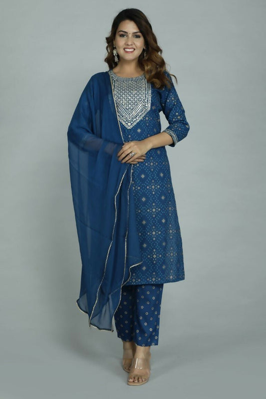 Alvano Printed Sequence Kurti with Pant and Dupatta set Rayon (Blue)
