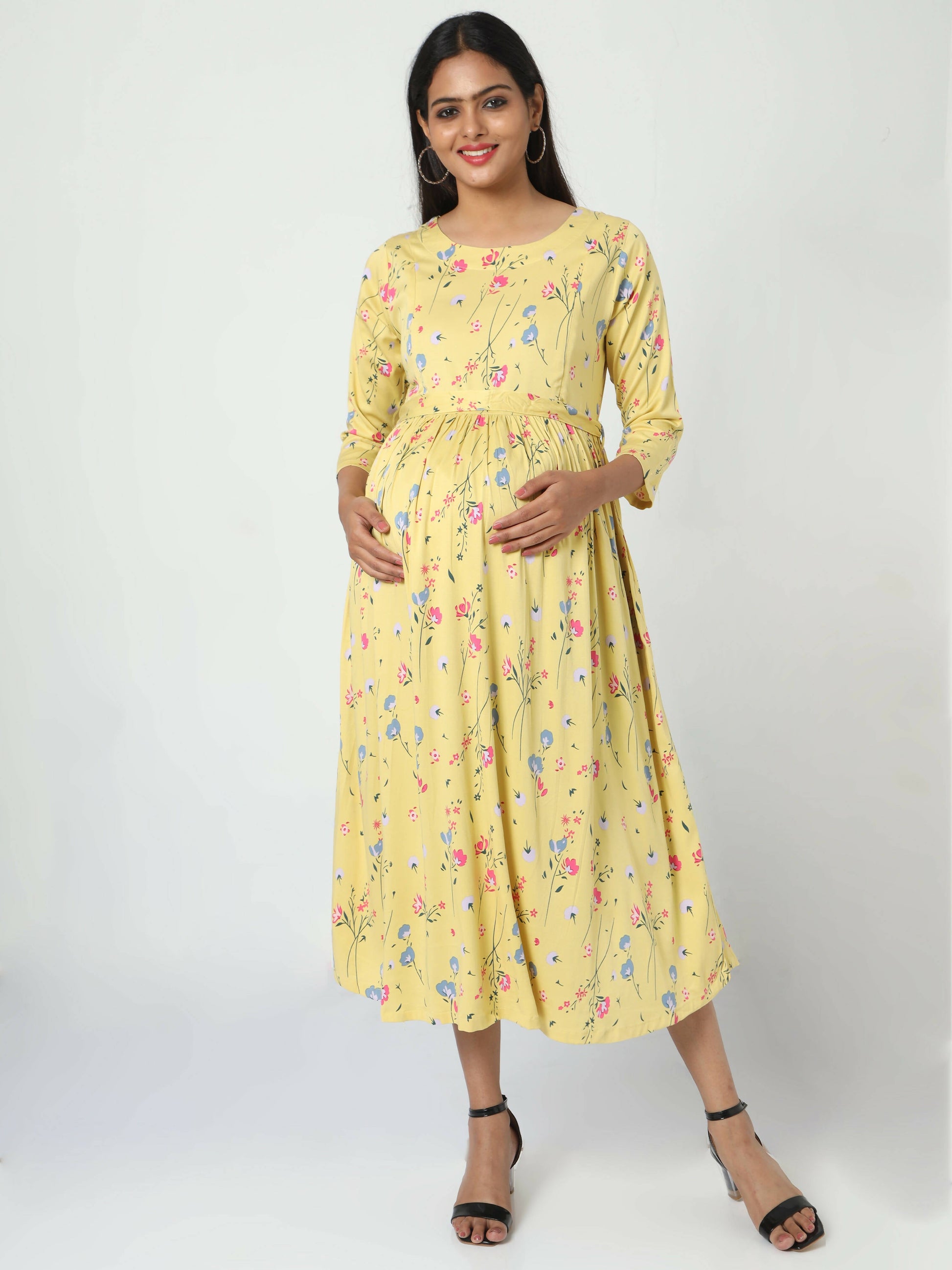Manet Three Fourth Maternity Dress Floral Print With Concealed Zipper Nursing Access - Yellow