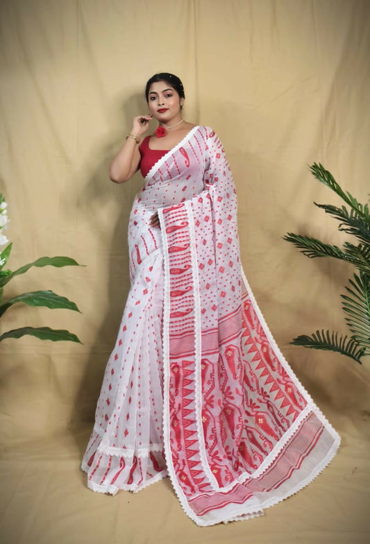 Exclusive Collection Beautiful White Red Jaal Jamdani Grab2Buy 