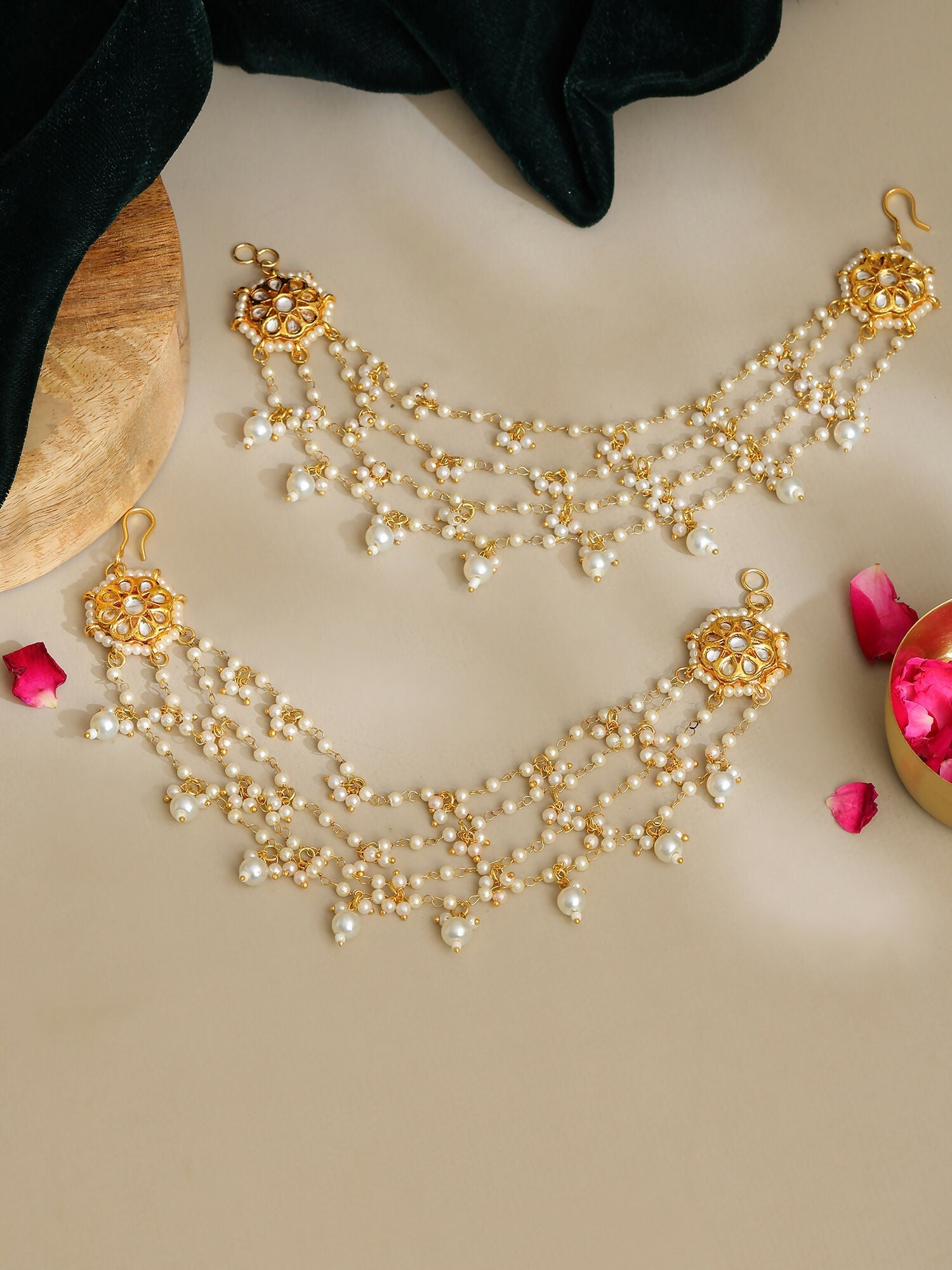 Ruby Raang Gold Kundan and Pearl Chain (set of 2) | Swadesiicart