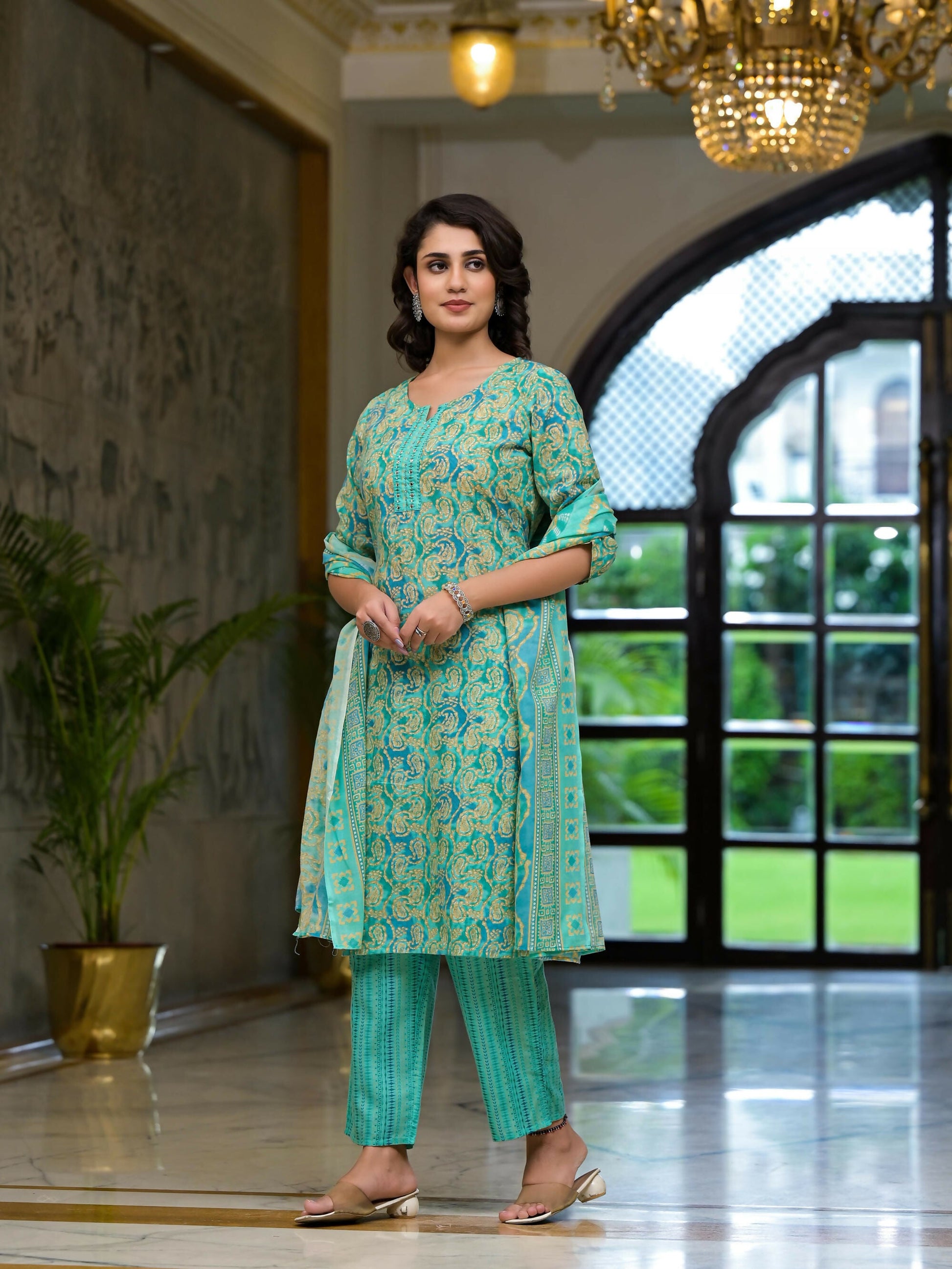 Juniper Women's Green Ethnic Motif Printed Cotton Kurta Pant And Dupatta Set With Mirror Work & Sequins