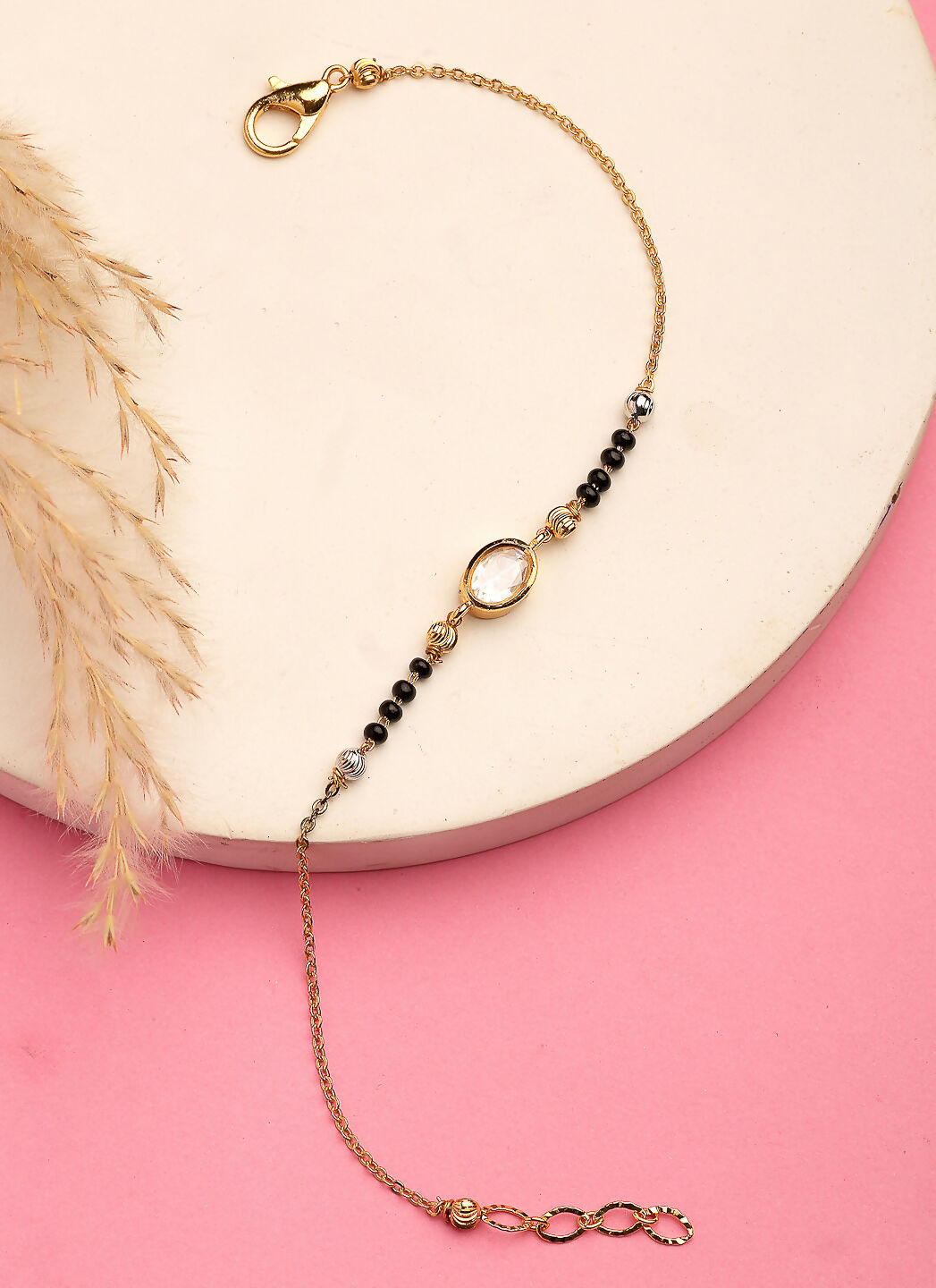 NVR Women Gold-Polished & Black Brass Stone-Studded Hand Mangalsutra Link Bracelet