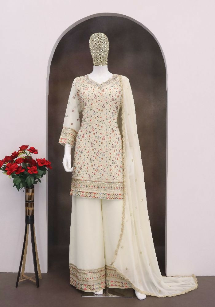 Anaita Off-white Embroderied Faux Georgette Stitched Plazzo Suit