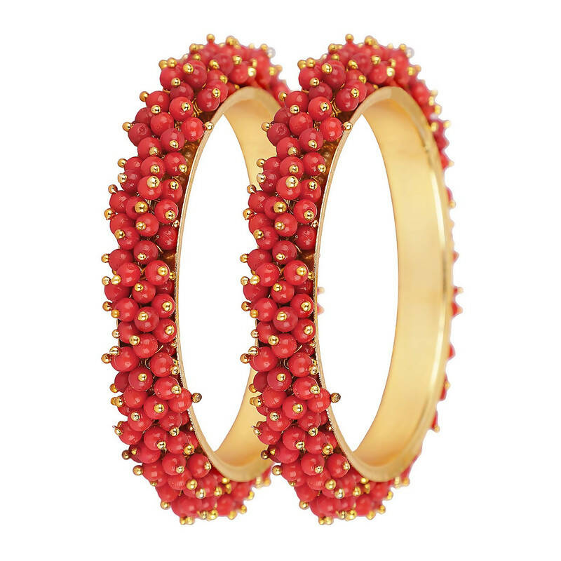 Mominos Fashion Joharkamal Gold-Polished Red Beads Work Bangles 