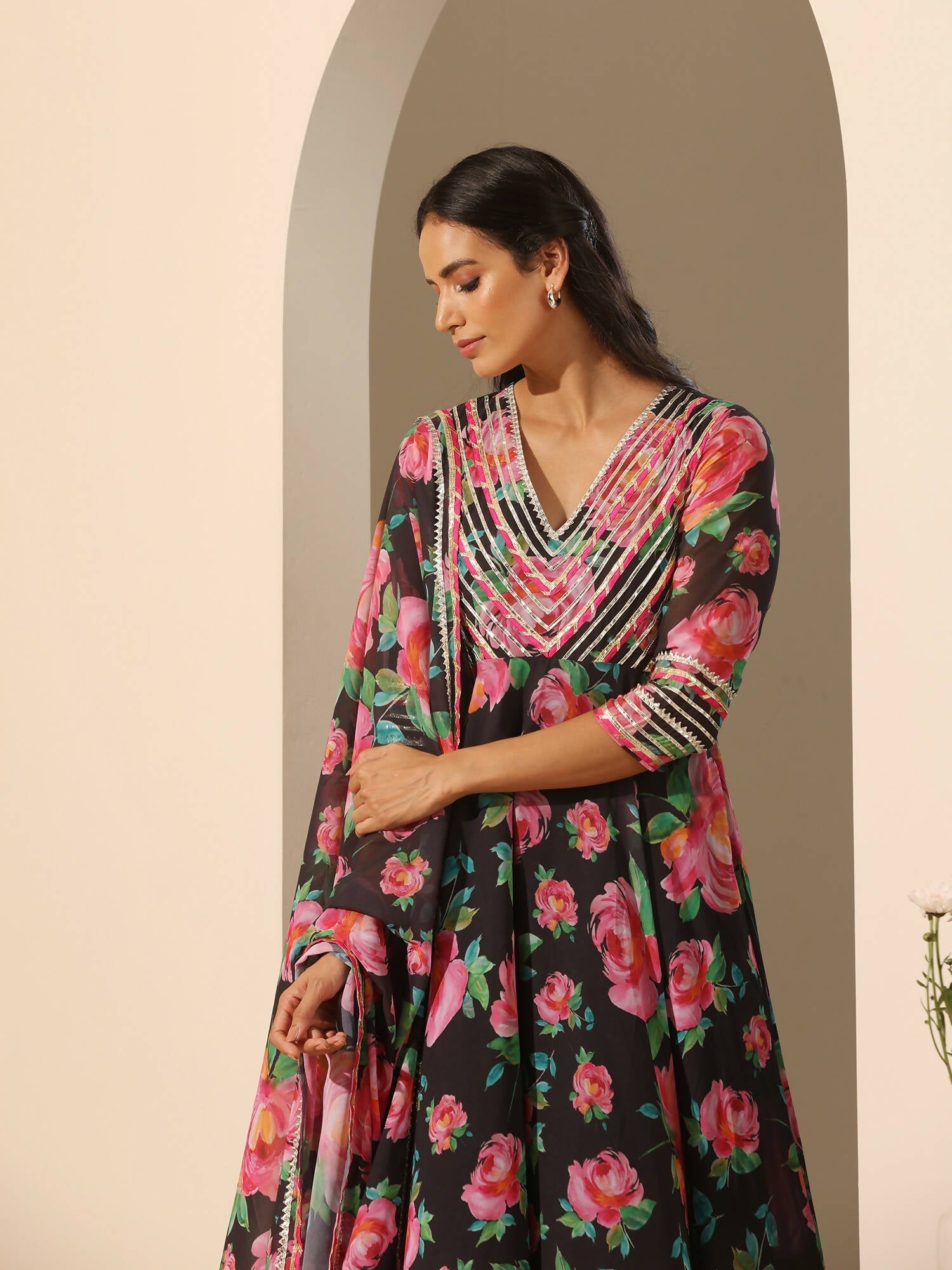 Pomcha Jaipur Black Gul Gulab Anarkali Set 