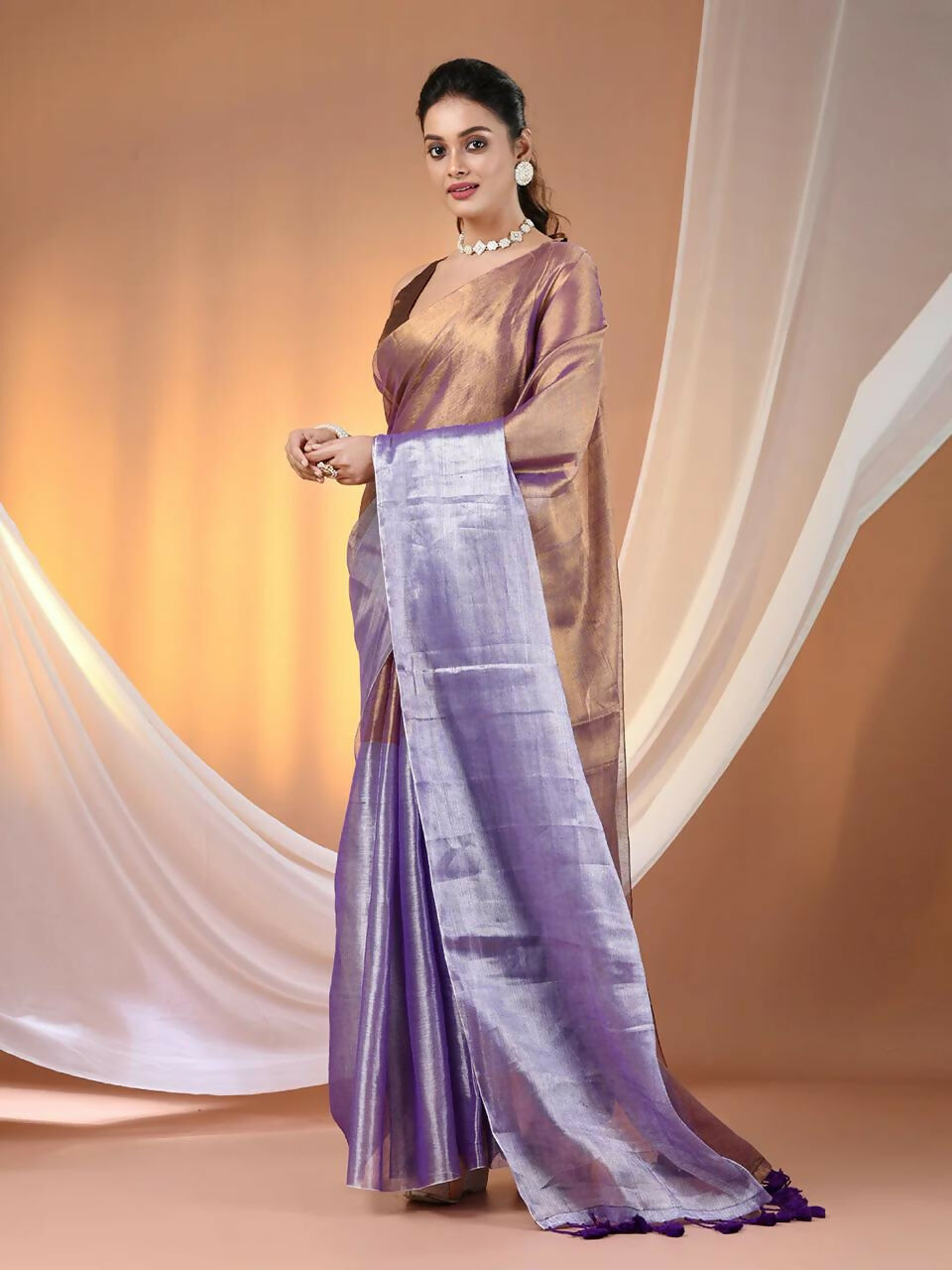 Exclusive Collection Beautiful Copper Tissue Silk Hand Weaving Handloom Grab2Buy With Running Blouse Piece 