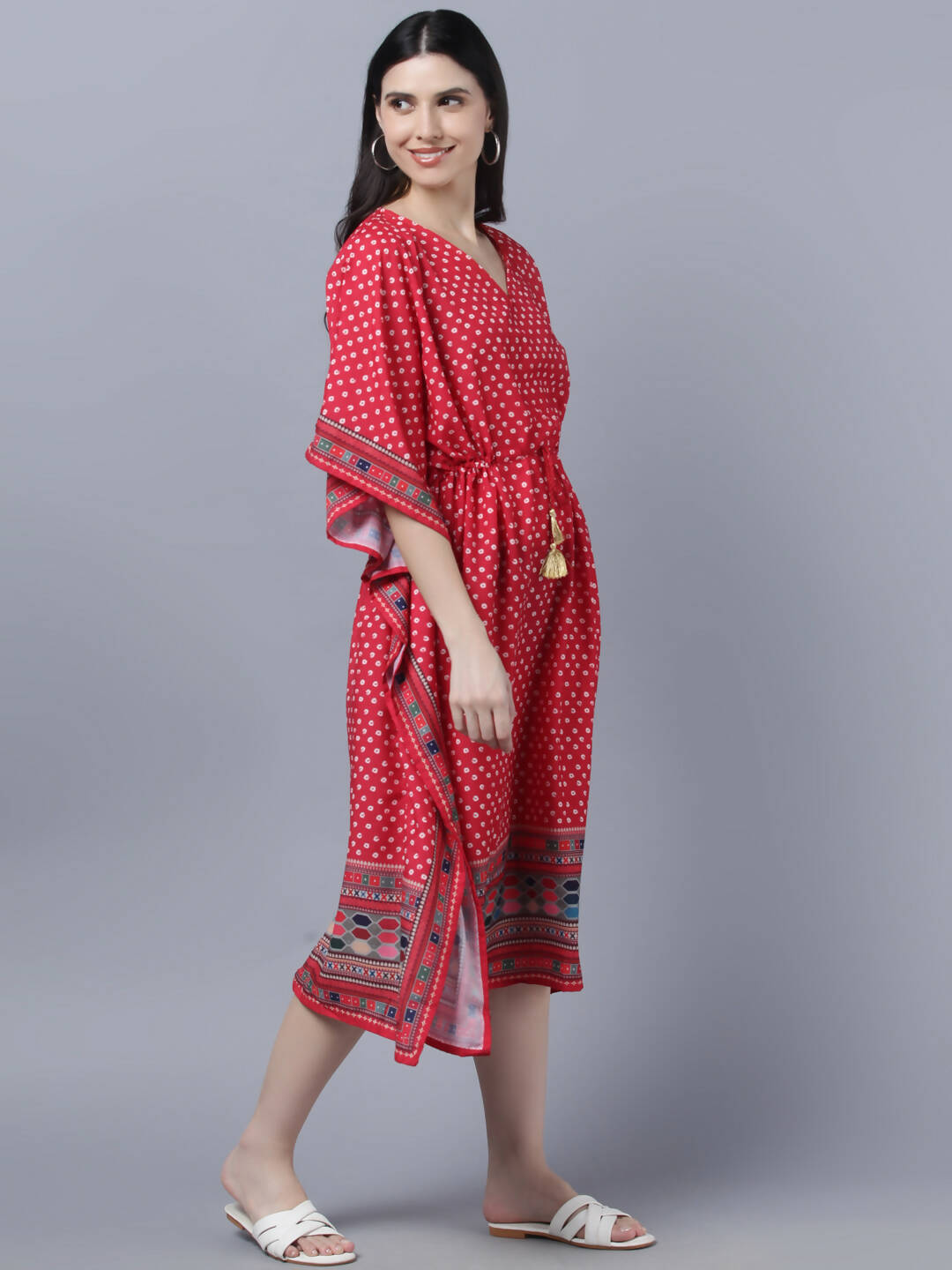 Myshka Women's Red White Ethnic Motifs Printed Kaftan Midi Dress